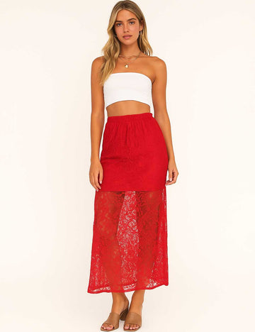 SKSKX26 Ladies Lace Embroidery High Waist Midi Skirt