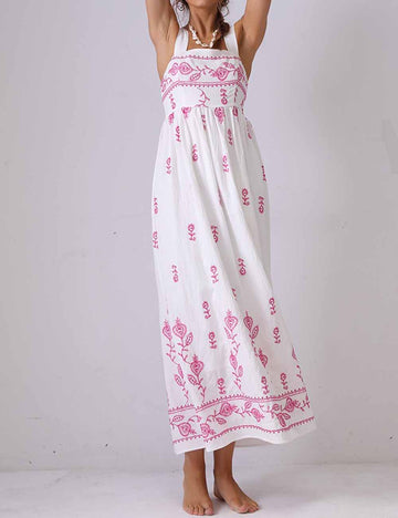 Ladies Square Neck Floral Embroidery Strap Shoulder Maxi Dress