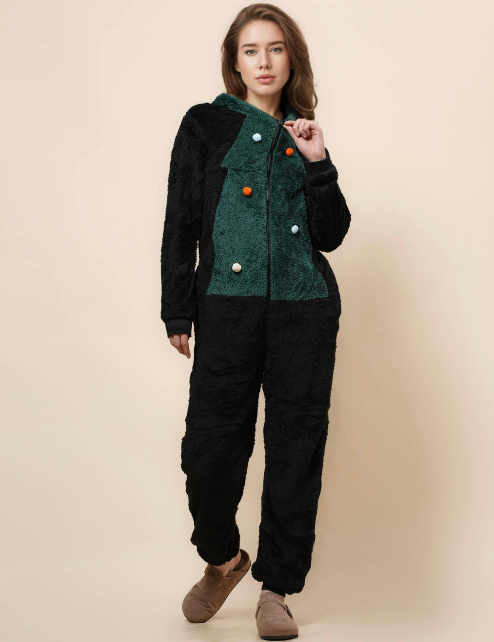 Ladies Christmas Color Block Fleece Jumpsuit Hooded Overall