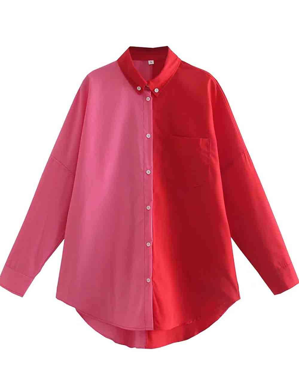 Ladies Color Block Button Down Long Sleeves Shirt