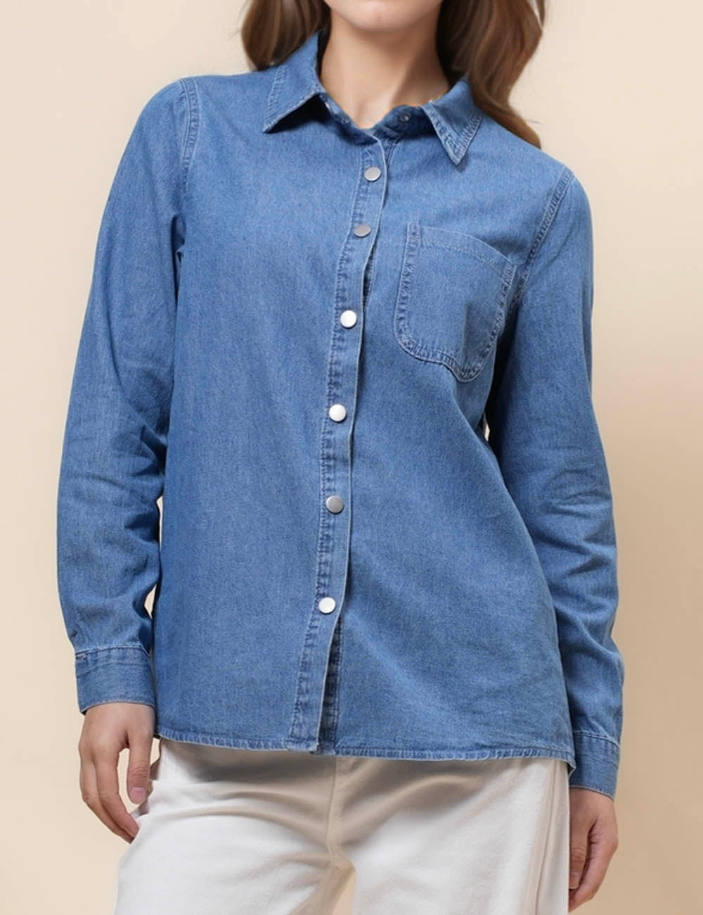 Ladies Turndown Collar Long Sleeves Denim Shirt SKT41036
