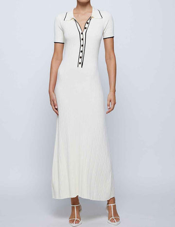 Ladies Turndown Collar Short Sleeves Knit Maxi Dress