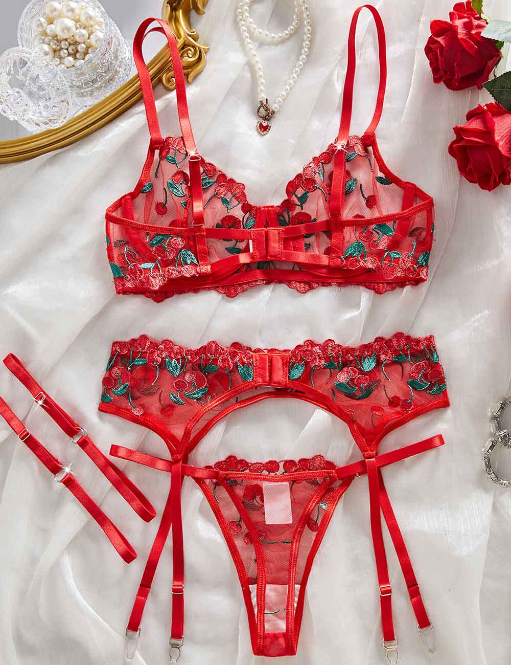 Ladies Sexy Cherry Embroidery Garter Belet 5PCS Lingerie Set