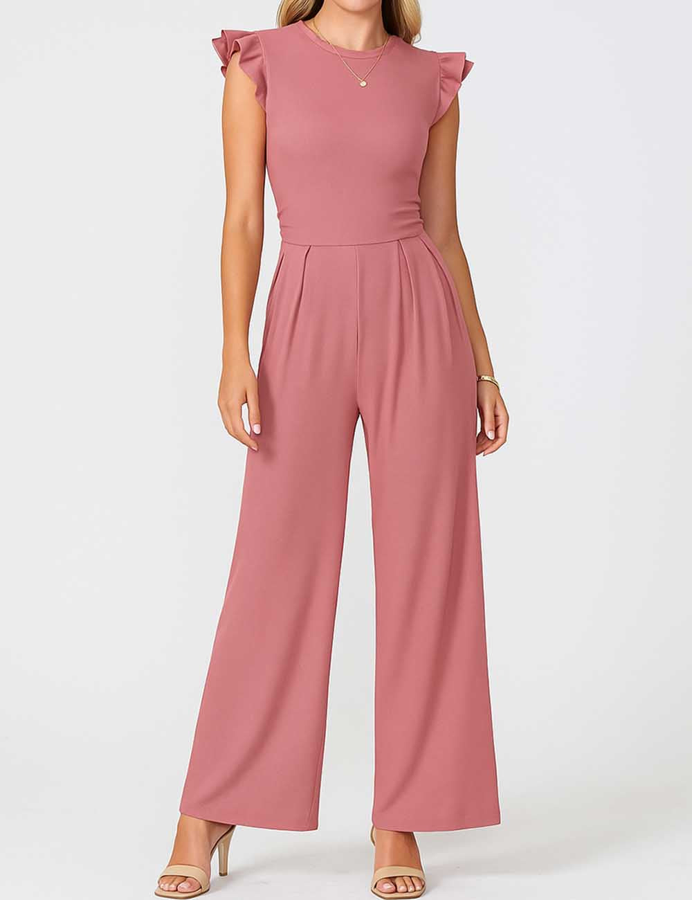 Ladies Ruched Round Neck Ruffle Sleeves Wide Leg Jumpsuit
