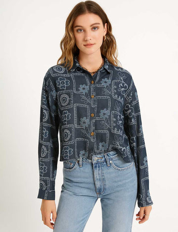 Ladies Boho Geometric Pattern Turndown Collar Denim Shirt