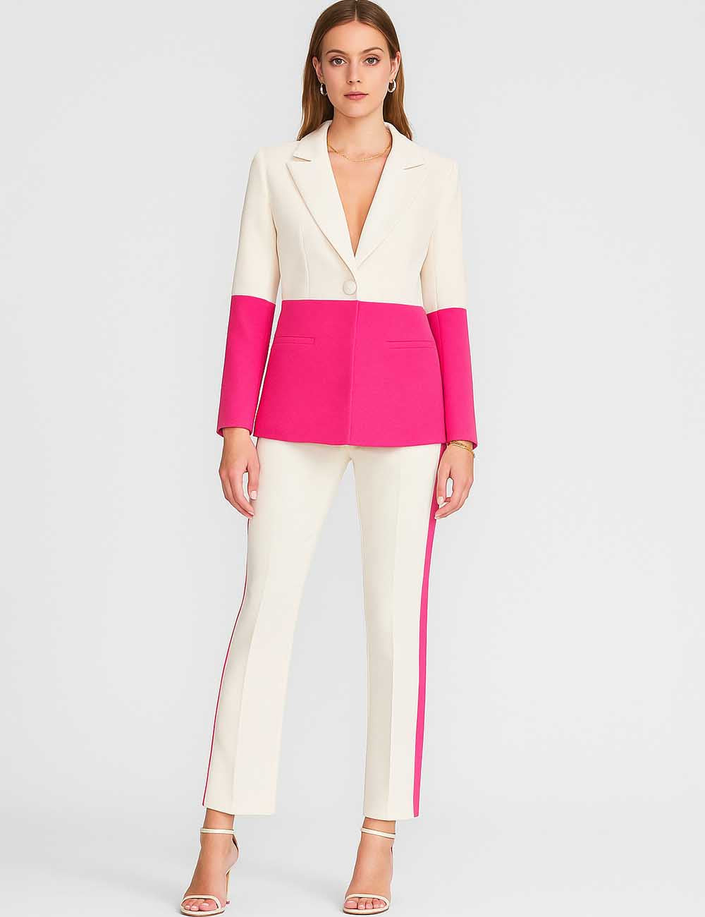 Ladies Color Block Notched Lapel Flared Leg Blazer & Pants Suit