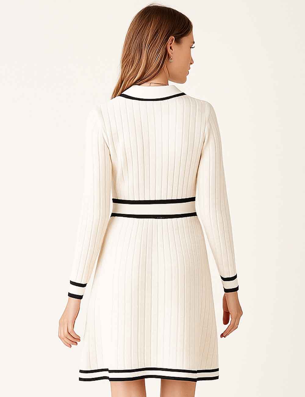 Ladies Color Block V-Neck Long Sleeves Knit Midi Dress