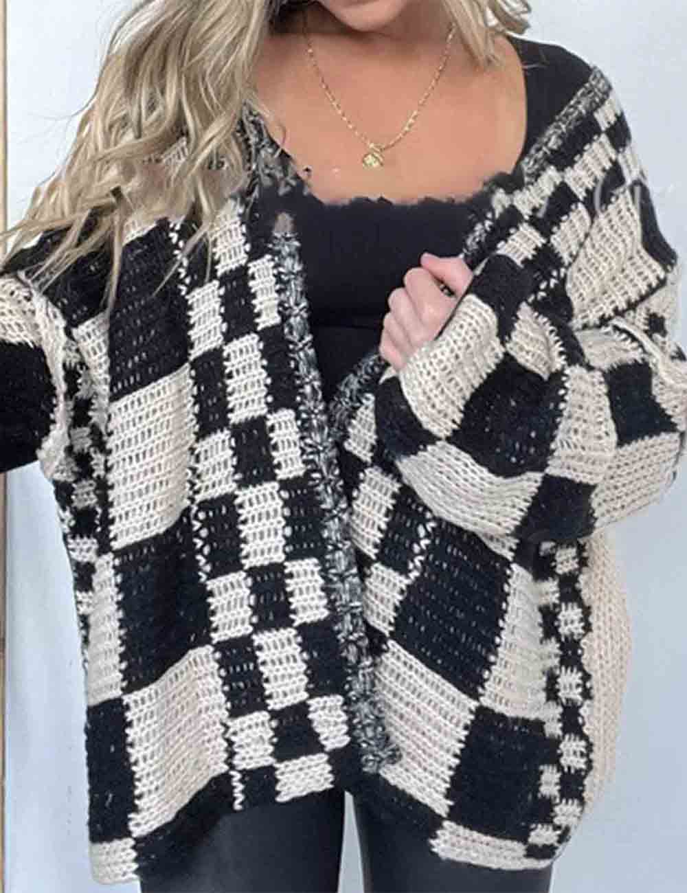 Ladies Color Block Checked Long Sleeves Cardigan Sweater