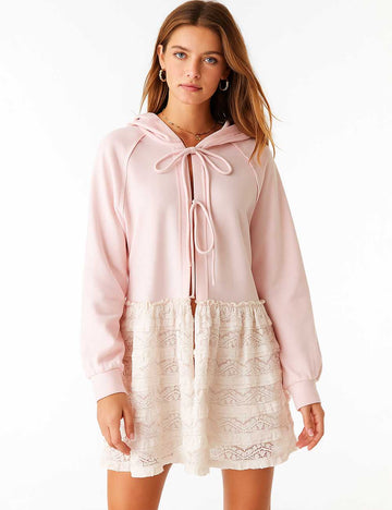 Ladies Lace Tiered Ruffled Tie Closure Hoodie Sweatshirt