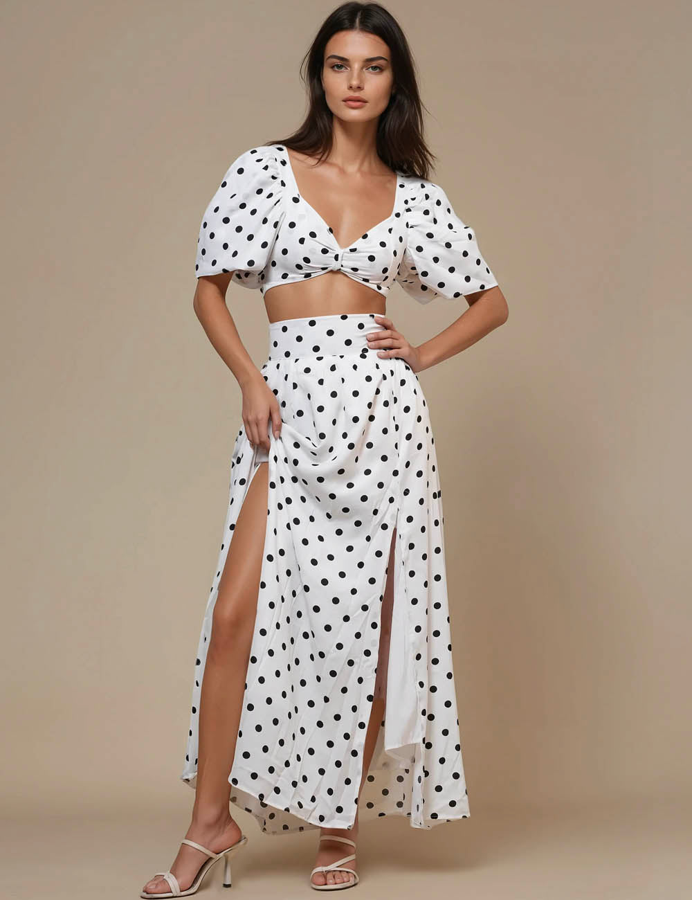 Ladies Polka Dot Crop Top Midi Skirt 2PCS Set SKST50357