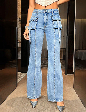 Ladies Cargo Jeans Button Pocket Straight Leg Denim Pants