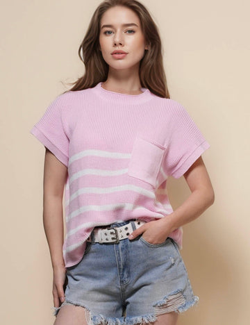 Ladies Color Block Stripe Knit Pullover Sweater SKT50157