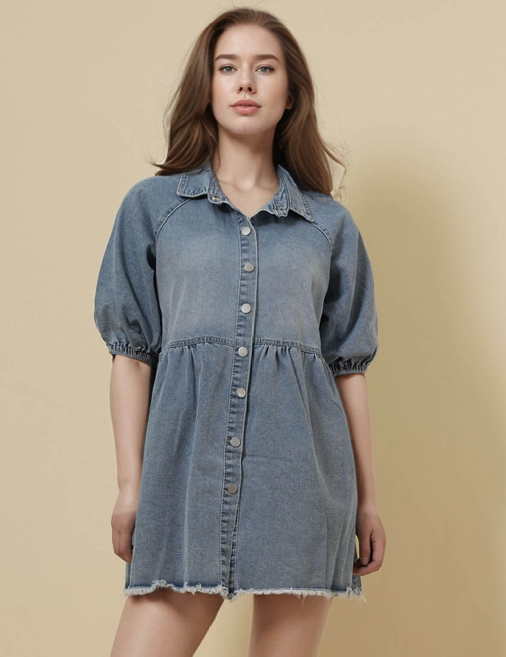 Ladies Turndown Collar Denim Mini Dress SKD50025