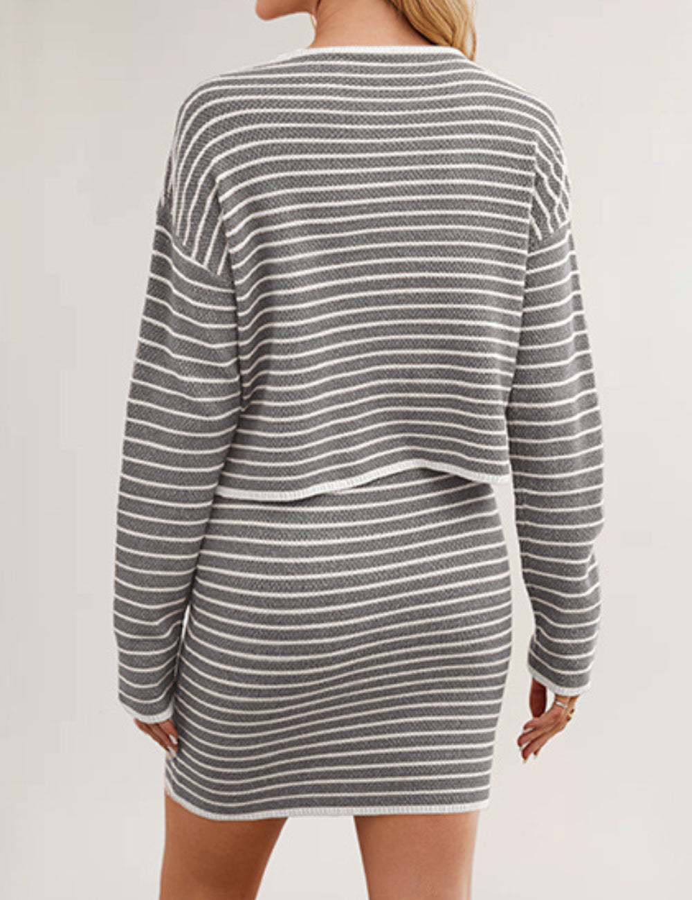 Ladies Stripe Knit Sweater & Skirt 2PCS Set SKST41174