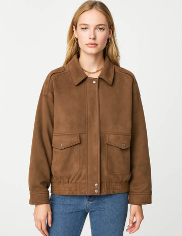 Ladies Faux Suede Turndown Collar Pocket Front Jacket