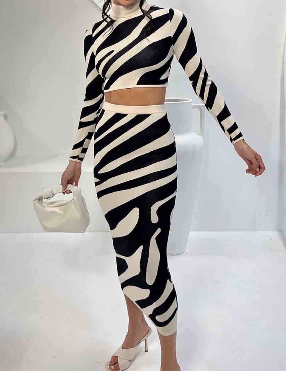 Ladies Color Block Striped Turthlenek Sweater Set