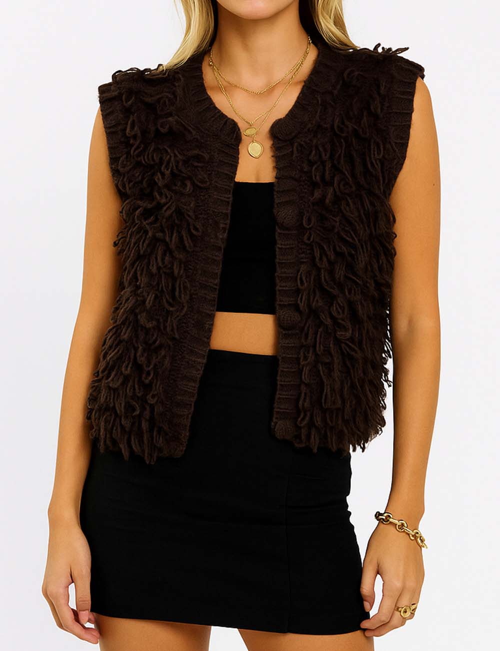Ladies Loopy Knit Round Neck Button Front Sweater Vest