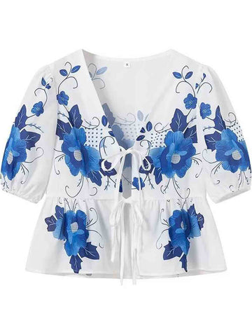 Ladies Floral Print Front Bowknot Short Sleeves Puff Blouse