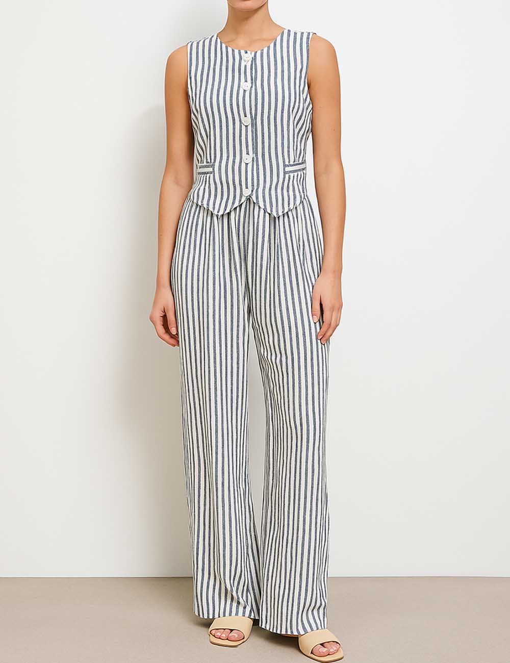 Ladies Striped V-Neck Sleeveless Wide Leg Vest & Pants