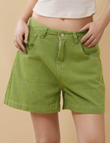 Ladies Solid Color Top-stitching Wide Leg Denim Shorts