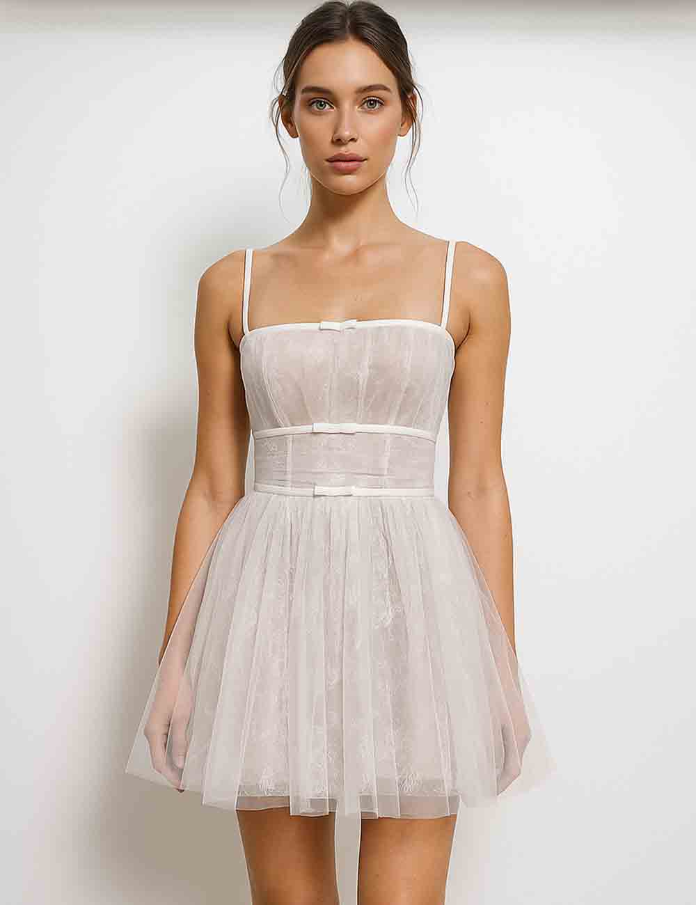Ladies Embroidery Square Neck Sleeveless Puffy Tulle Mini Dress