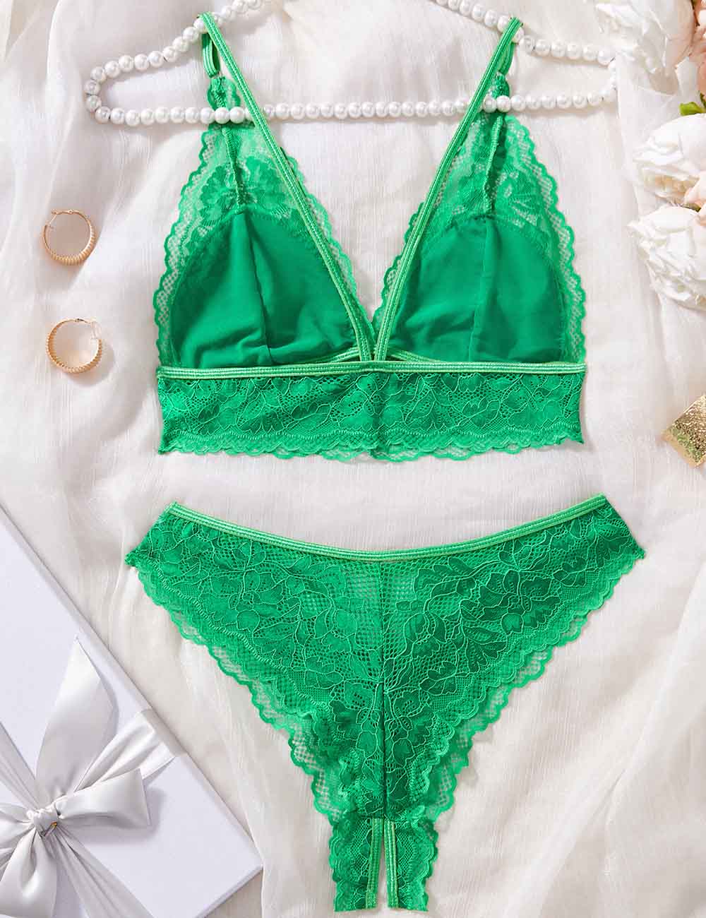 Ladies Sexy Lace Triangle Cup Open Crotch Thong Lingerie Set