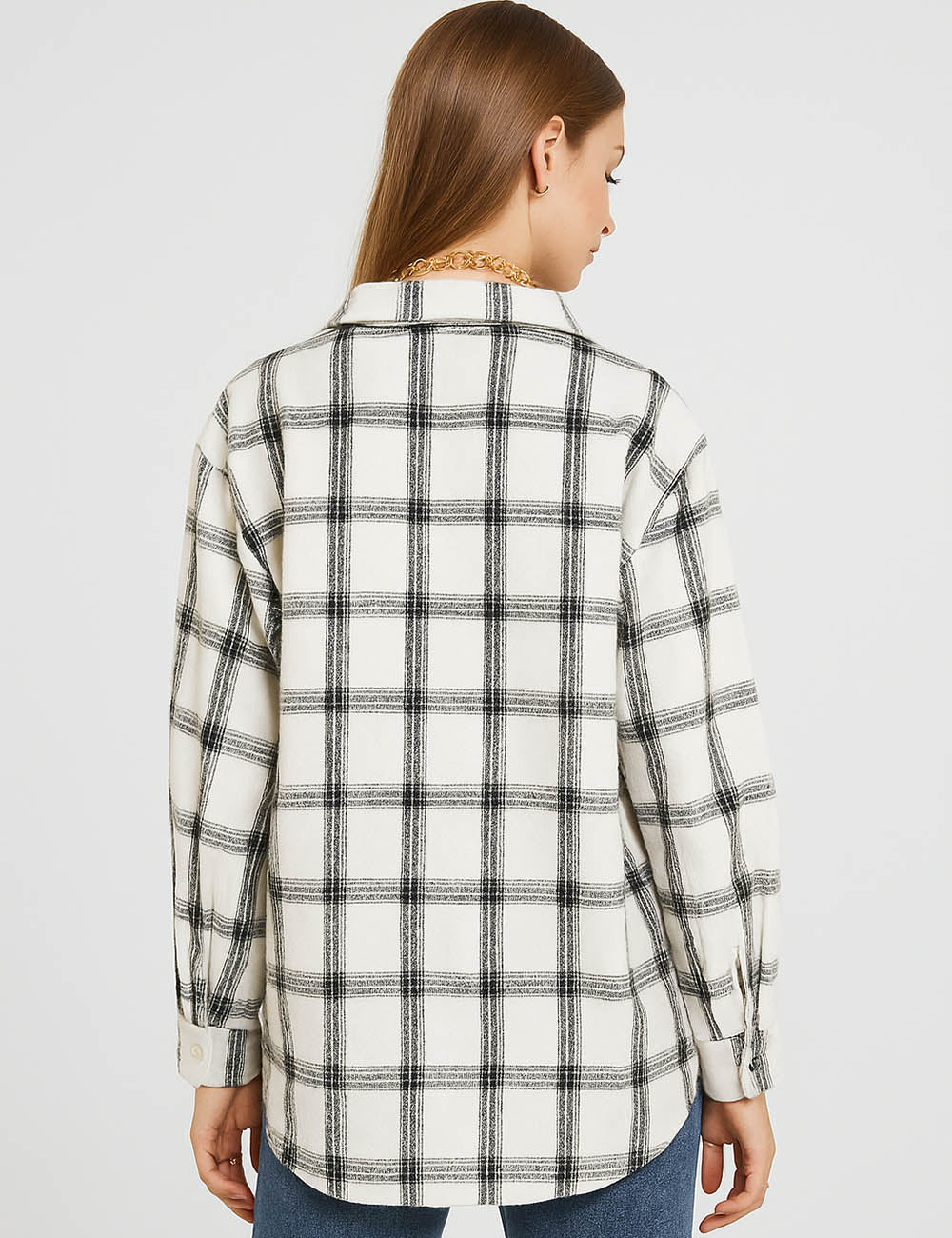 Ladies Botton Open Turndown Collar Plaid Shirt 9965