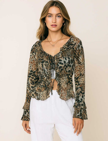 Women Leopard Print Ruffle Blouse V-Neck Long Sleeve Top