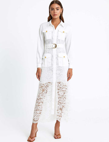 Ladies Floral Lace Turndown Collar Button Belt Maxi Dress