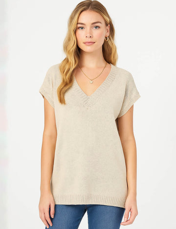 Ladies Solid Color V-Neck Pullover Short Sleeves Knit Top