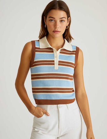 Ladies Polo Collar Striped Sleeves Knit Top
