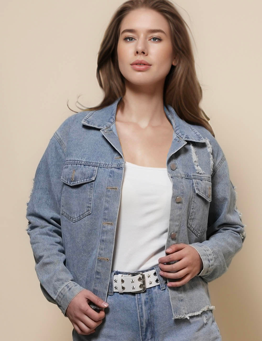 Ladies Turndown Neck Back Star Denim Jacket SKT50022