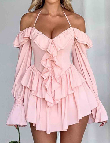 Ladies Solid Color Halter Long Sleeves Mini Dress
