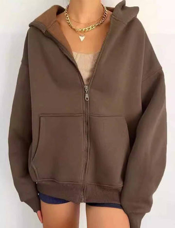 Ladies Solid Color Zip Up Hoodie Long Sleeves Sweatshirt