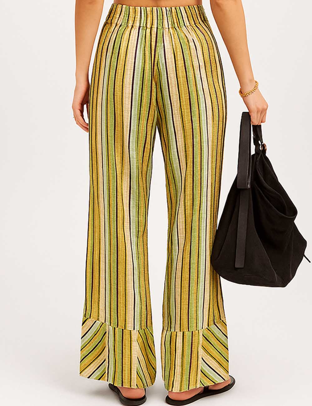 Ladies Striped Elastic Waist Pockets Wide Leg Pants