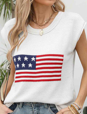 Ladies 4th of July American Flag Round Neck Sleeveless Knit Vest