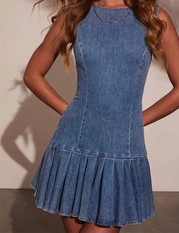 Ladies Round Neck Sleeveless Pleated Denim Mini Dress
