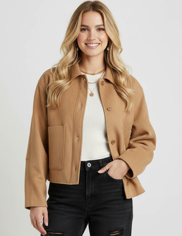 Ladies Faux Suede Lapel Collar Long Sleeves Cropped Jackets