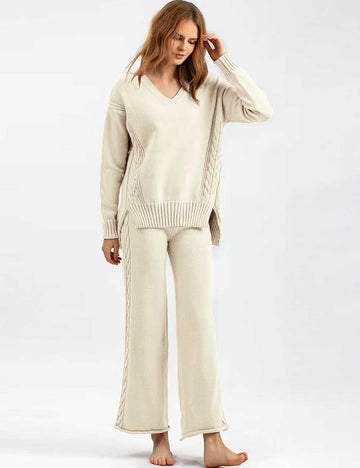Ladies Solid Color V-Neck Long Sleeves Sweater & Pants Set