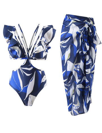Ladies Back Open Floral Print One Piece Swimwear with Salong
