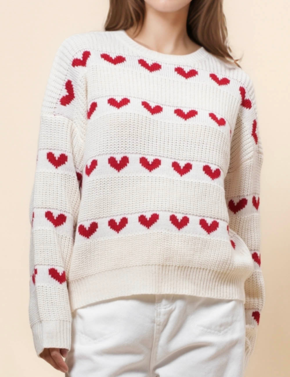 Ladies Valentine Mid Neck Red Heart Sweater SKT41055