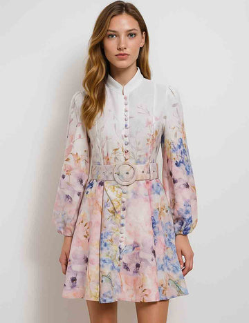 Ladies Elegant Floral Print Waist Belt Mini Dress SKD4966