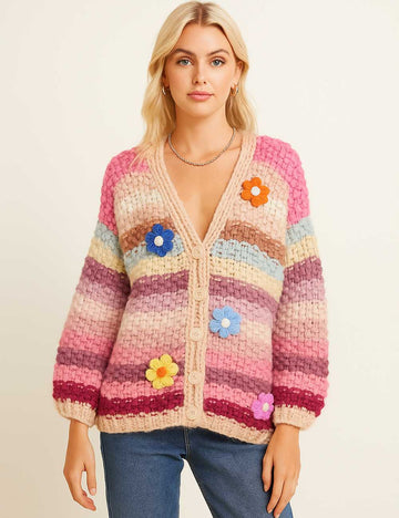 Ladies V-Neck Multicolor Striped Crochet Flower Knit Cardigan
