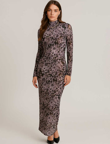 Women Floral Print Turtleneck Bodycon Maxi Dress