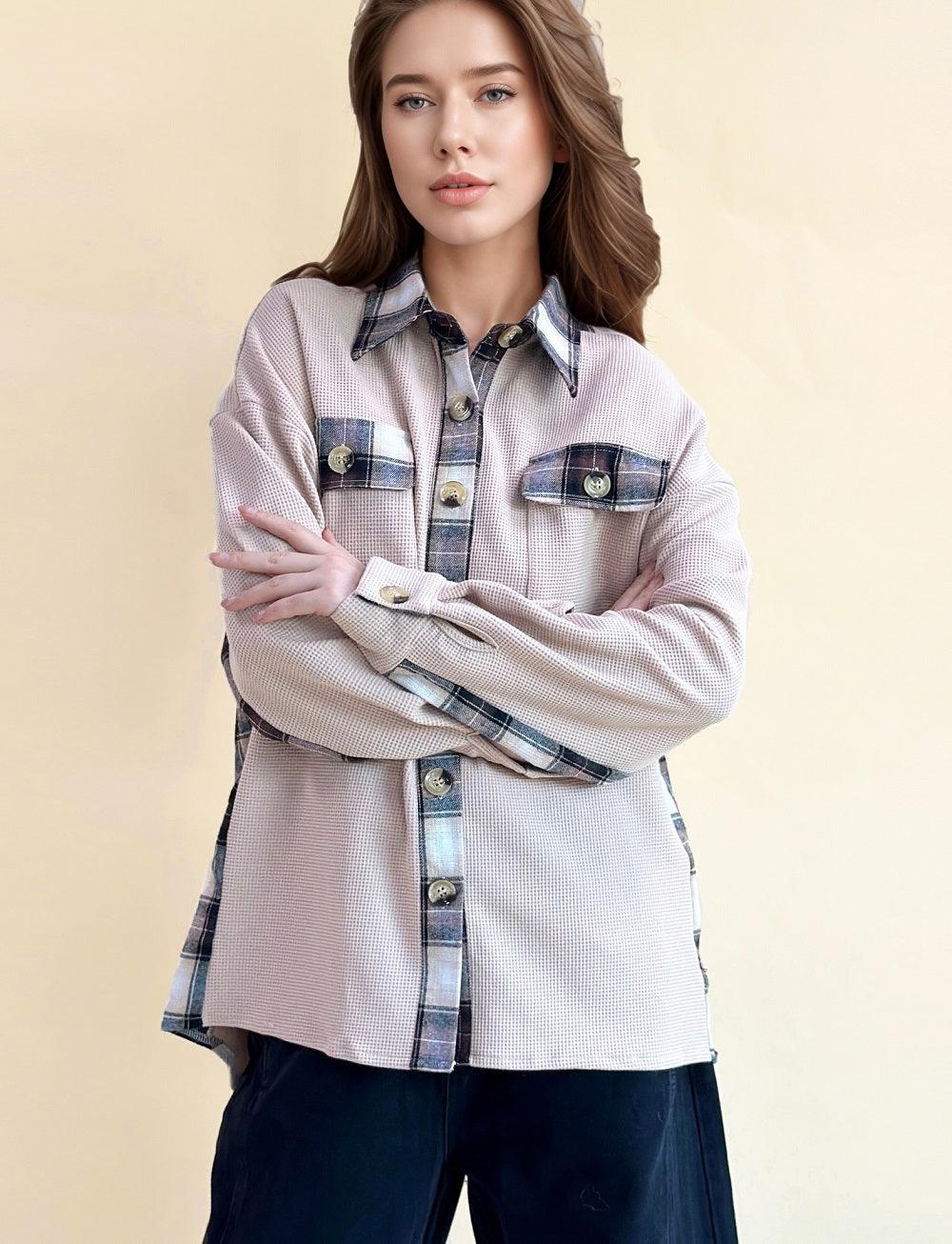 Ladies Plaid Waffle Splice Botton Down Shirt 6832