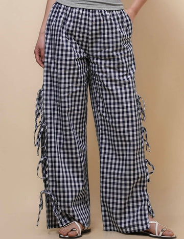 Ladies Checked Side String Tie Straight Leg Pants SKP51070