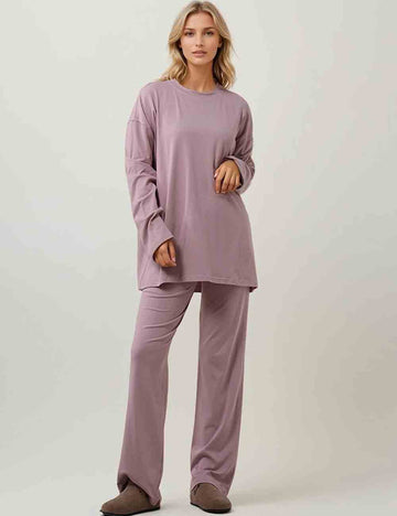 Ladies Round Neck Solid Color Long Sleeves Loungewear Set