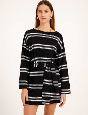 Ladies Striped Crew Neck Waist Tie Long Sleeves Mini Dress
