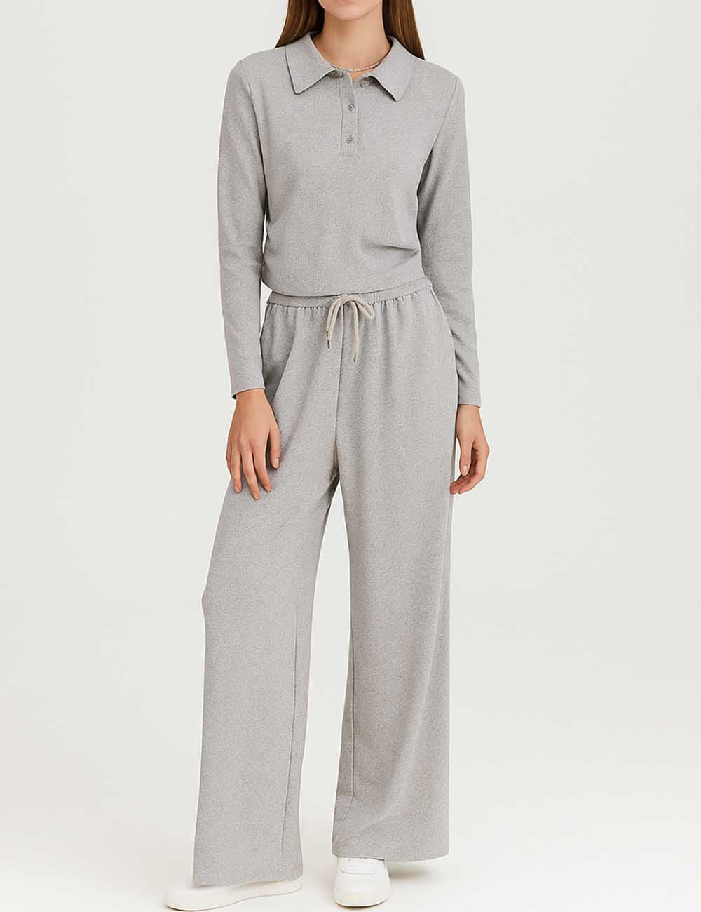 Ladies Polo Collar Ruched Cropped Top & Pants 2PCS Set