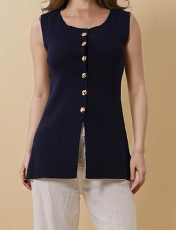 Ladies Solid Color Button Closure Knit Vest